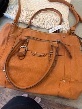 Structured Cognac Tote Bag with Top Handles and Zip - Women’s Leather-Style Tote